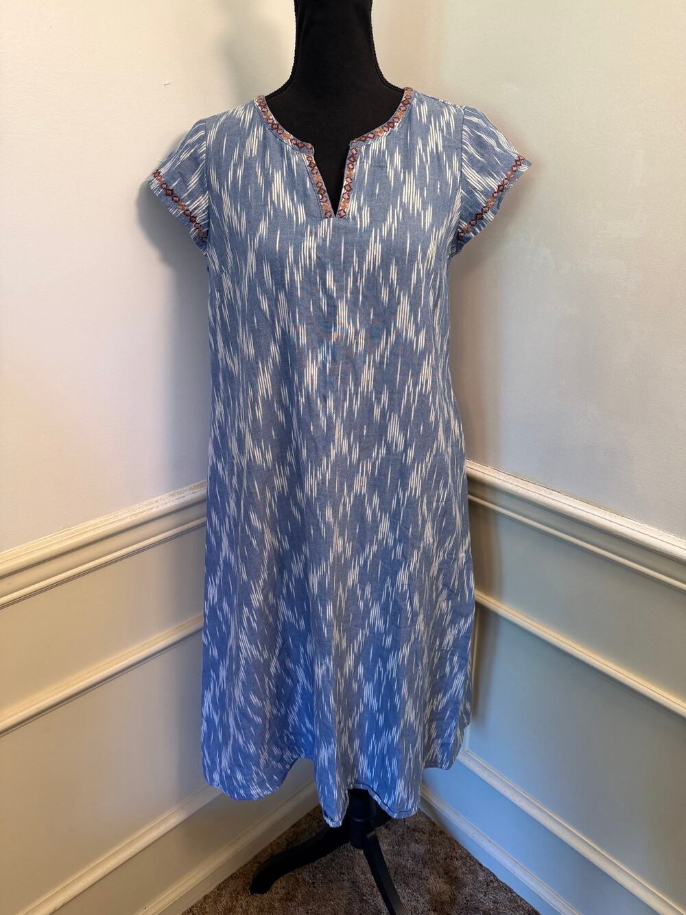 J. Jill Pure Jill Blue Ikat Cotton Dress Embroidered V-Neck Boho Shift Pockets